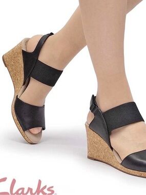 Clarks Collection Lafley Lily Black Leather Cork Wedge Sandals